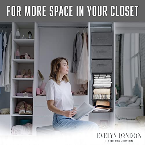 Evelyn London Brands Hanging Closet Organizer - Separable Wardrobe Clothes Organizer [3 Shelves, 3 Open Drawers & 2 Side Pockets] - Cloth Organizer To Keep Clothes, Socks, & Shoes - Laundry Bag Incl. #TOP5
