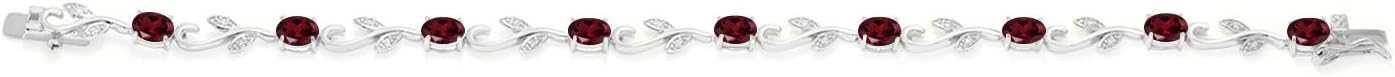Gem Stone King 4.63 Cttw Red Rhodolite Garnet and Diamond Greek Vine Tennis Bracelet For Women | 925 Sterling Silver | Gemstone Birthstone Oval 6X4MM | 7 Inch