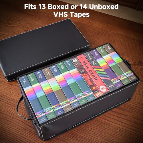 yoyobubu VHS Storage Box Set – 2-Pack Faux Leather Cassette Tape Storage Bins – Holds 14 Clamshell Tapes Each – Stackable Vintage Media Organizer-Black
