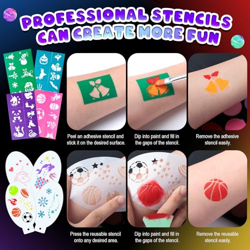 Image of Fenmay Face Painting Kit for Kids, Non-Toxic and Hypoallergenic Face Paint Makeup Kit| with Stencils, Book, Easy to Use and Safe for Kids, Fun for Halloween, Birthday Party, School Event