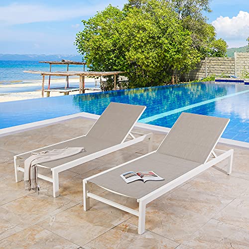 Iwicker 2 Pcs Patio Aluminum Chaise Lounges Outdoor Weather-Resistant Textilene Quick Dry Foam Padded Lounge Chairs With Adjustable Backrest And Wheels, Beige #TOP1
