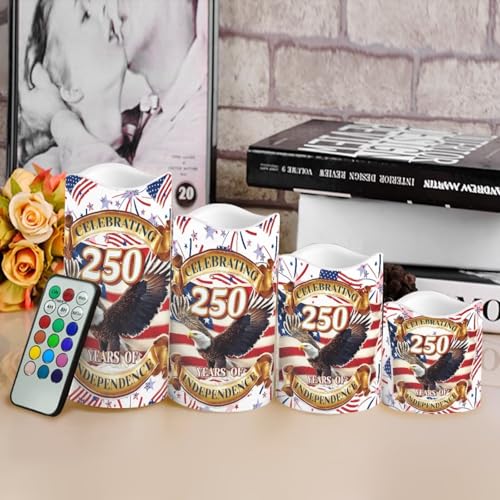Image of Independence Day Flameless LED Candles Patriotic Floral Design Warm Lamp America 250th Battery Operated Flickering Timer Candle Aesthetic Cozy Minimalist Home Decor, 4 Pack
