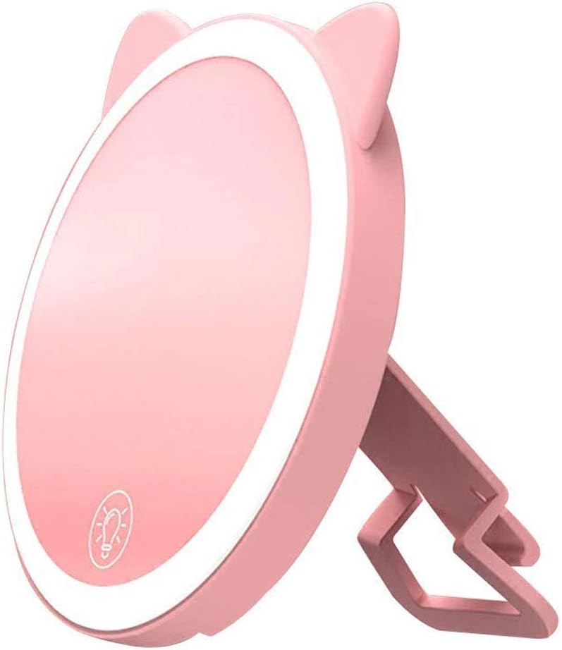 Portable Vanity Mirror With Light USB Charging Foldable Desktop Creative HD Handle Home Pink 6.1x4.9in