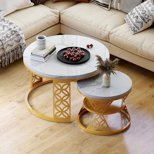 okwish Table Basse Gigogne Ronde 2 Pièces - Plateau Effet Marbre ...