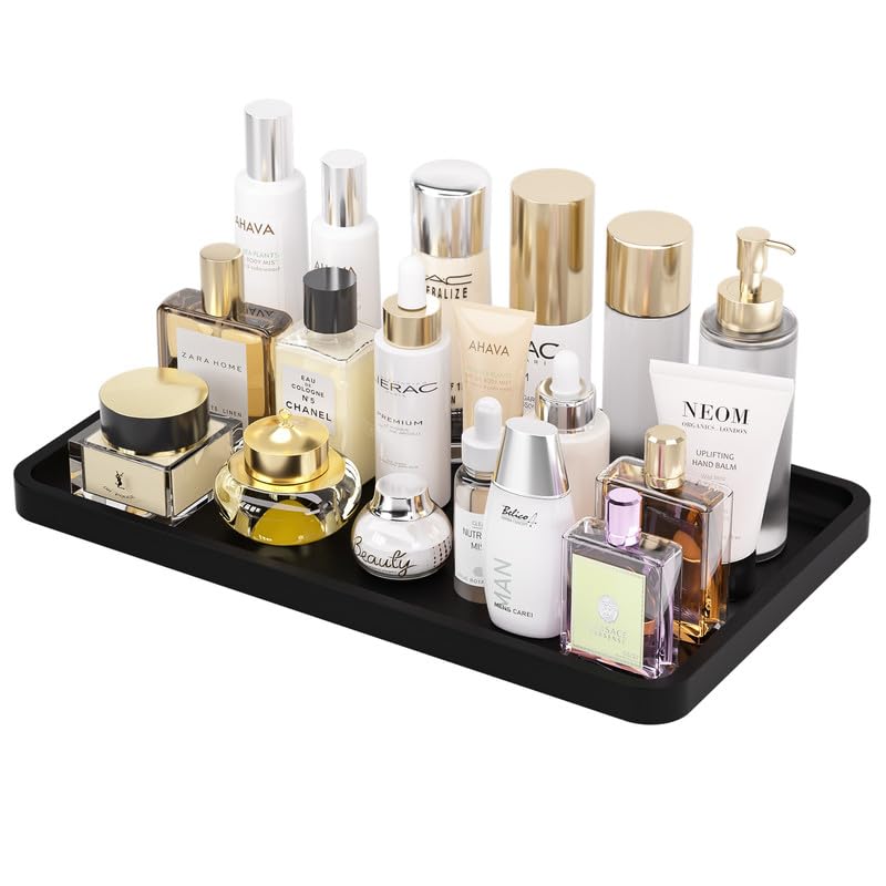 Image of Weenson Black Bathroom Vanity Tray for Countertop Decor Perfume Makeup Toiletries Toilet Tank, Large Bamboo Kitchen Tray for Spice Salt, Serving Tray for Food Coffee, Nightstand Candle 14.2 inchx8.3 inch