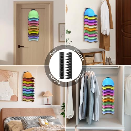 LeKuni 2 Stück Regal Wand Cap Halter Kappenhalter Mit integrierten Federklammern für Bis Zu 20 Hüte, Cap Halterung Wand Mehrschichtig, Mützen Aufbewahrung mit Starker Kleber & Schrauben(schwarz)