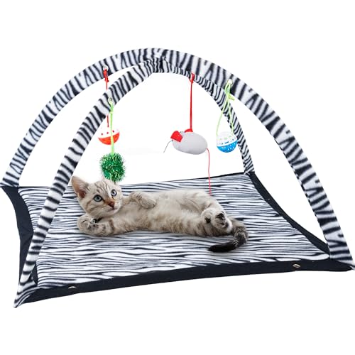 Tofern Multifunctionele huisdier kitten kat interactieve activiteit zachte fleece opvouwbare speelgoed mat bed hangmat tent met opknoping muis bel ballen (zebra strepen)