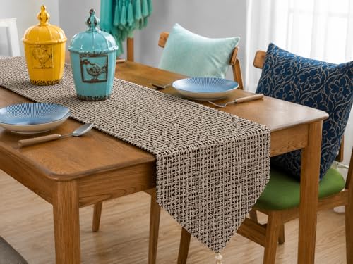 Image of STITCHNEST 'Nomad Weave Collection' Jacquard Table Runner 13x60 Inches| Tassel Finish | Modern Dining Table Decor