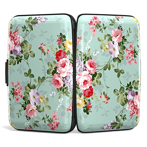 Image of Credit Card Holder, Mini Aluminum Card Wallet RFID Blocking Slim Metal Hard Card Case for Women Men, Green Flowers