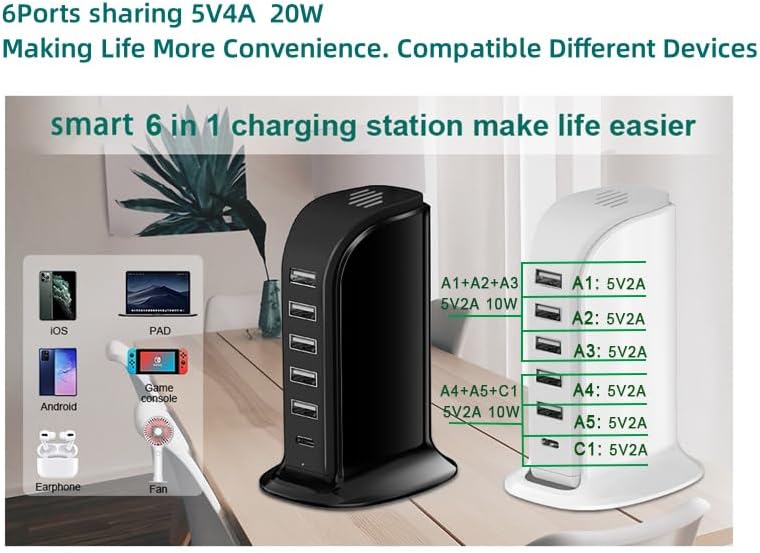 Miniatura 7 de Estación de carga USB para múltiples dispositivos, torre de carga multipuerto, puerto USB-C compatible con carga rápida PD compatible con iPhone,
