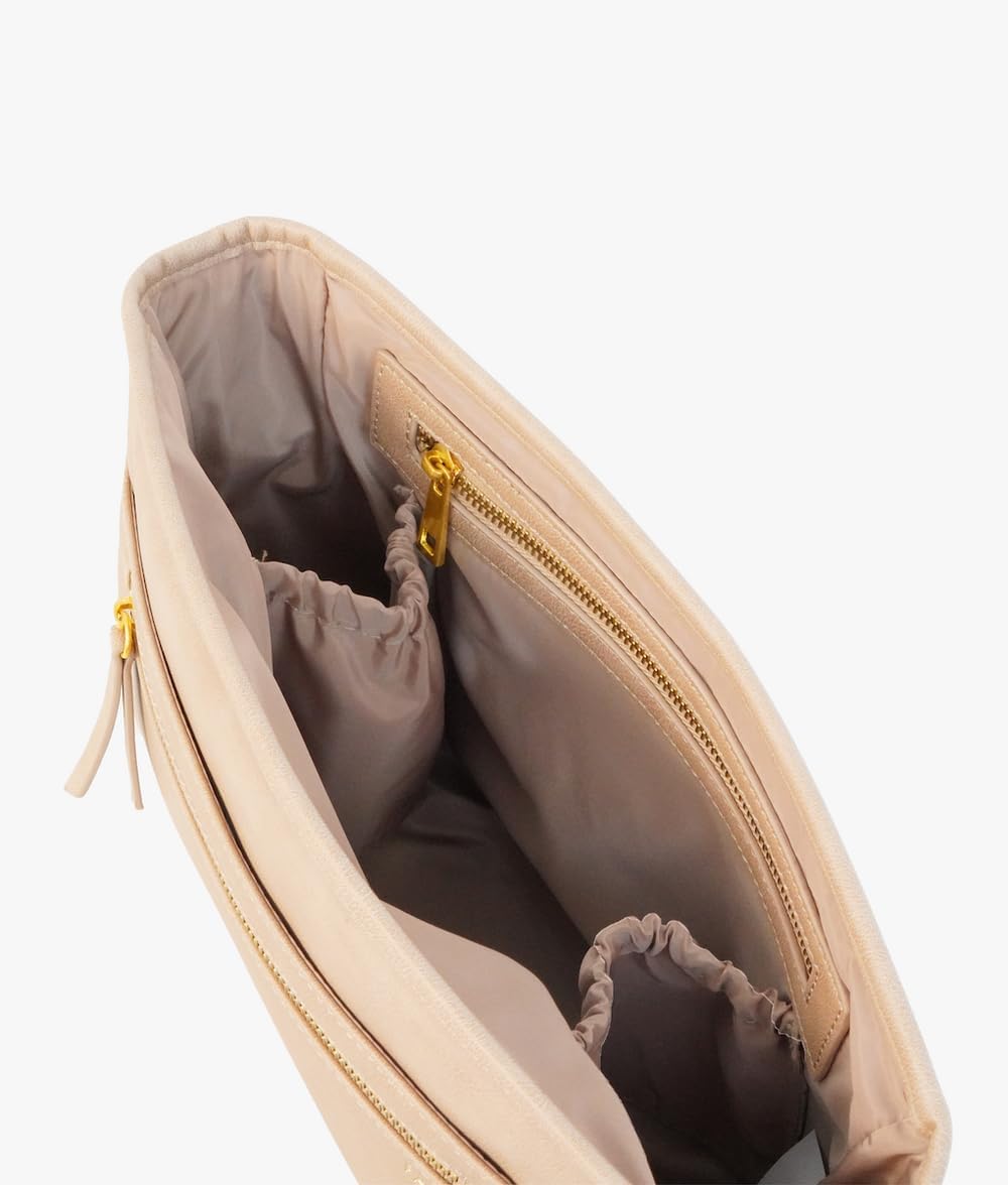 FAWN DESIGN The Stroller Caddy, Premium Matte Faux Leather Stroller Organizer with Cup Holder, Beige Diaper Bag with Adjustable Stroller Straps, 2 Exterior Pockets 1 Zipper Pocket, 14x 5x 7 inches