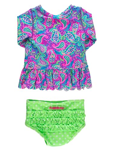 Image of RuffleButts Baby /Toddler Girls Scalloped Long Sleeve Rash Guard 2-Piece UPF50+ Sun Protected Swimsuit