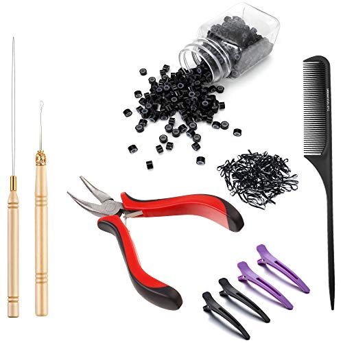 Hair Extension Kit, Pliers Pulling Hook Bead Device Tool Kits and 500 Pcs Micro Silicone Rings, 4 Plastic Clips 1 Comb and 1 Black Rubber Bands for Hair Styling Tools Accessory (Black Beads)