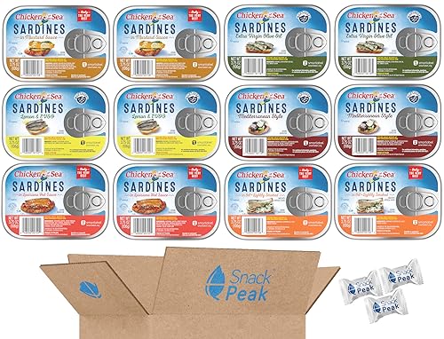 Chicken of the Sea Sardines Snack Peak Variety Gift Box (12 packages) – Lemon and EVOO, Mustard Sauce, Louisiana Hot Sauce, Lightly Smoked, Extra Virgin Olive Oil, and Mediterranean Style
