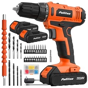 PULITUO 20V Cordless Drill/Driver, 2 Batteries Electric Screwdriver, 30Nm Power Drill Driver, 21+1 Torque, 2 Speed, 3/8″Keyless Chuck, power Drill with LED Light, Drill Driver Kit for Home (Orange)