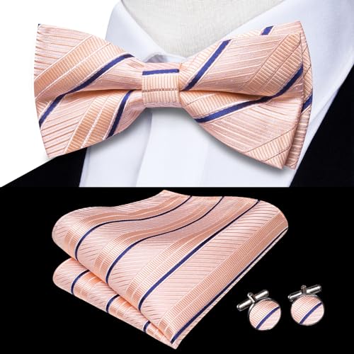 Image of Hi-Tie Pretied Bowtie Lapel Pin Set for Men Pocket Square Cufflinks 4PCS Bow Tie Set Mens Wedding Business Party, Pink Blue Stripe