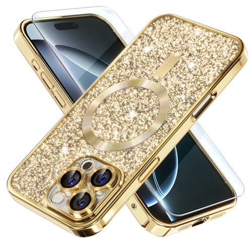 Misea Magnetic for iPhone 16 Pro Max Case Compatible with MagSafe [Military Grade Drop Protection] Full Camera Lens Protector Plating Glitter Soft Phone Case for Women Girls 6.9 inch Gold