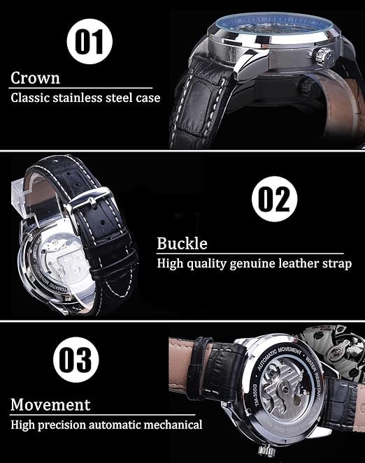 Image of PIENO FORSININGG Men's Skeleton Moon Phase Watch Mechanical Self-Wind Tourbillon Dual Time Zone Watches Automatic Luxury Leather Strap Large Dial