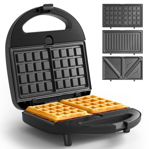 CROWNFUL 3 in 1 Sandwich Maker Waffle Maker & Grill 750W Electric Panini Press with Removable Non-Stick Plates Compact Breakfast Machine for Sandwiches Waffles Burgers & Steak