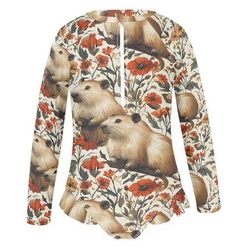 Girls Swimsuit Capybaras Flowers Long Sleeve One Piece Bathing Suit for Kids UPF 50+ Rash Guard Swimwear 3-123