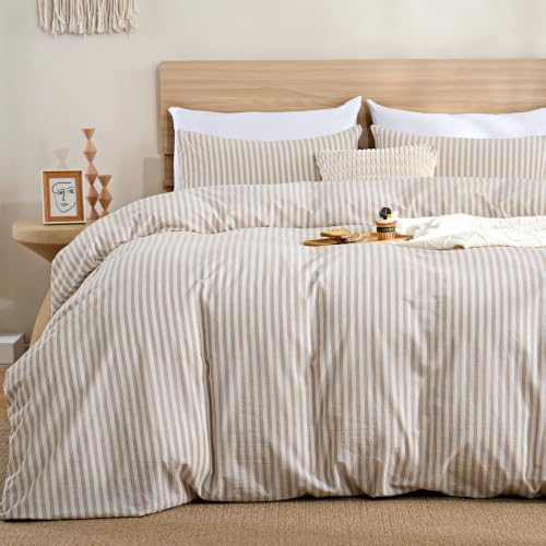 Image of TOCOMOA Brown Striped Duvet Cover Set 100% Washed Cotton Like Linen, King | Linen-Like Feel Soft, Breathable & Comfy for All Season. Lightweight Bedding Set with Zipper & 8 Ties. 3 Pcs, No Insert