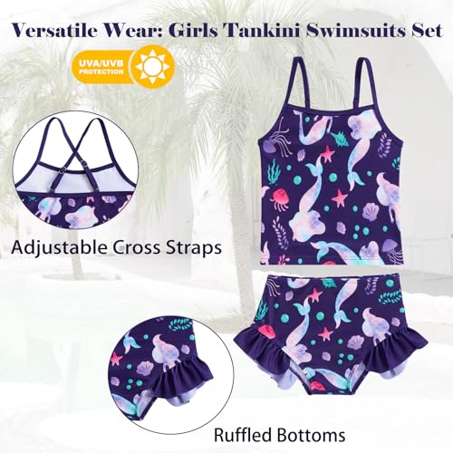 Image of Funnycokid Girls Swimsuit 3 Pieces Long Sleeve Rash Guard Set Tankini Bathing Suits Summer Kids Swimwear 3-10 Years