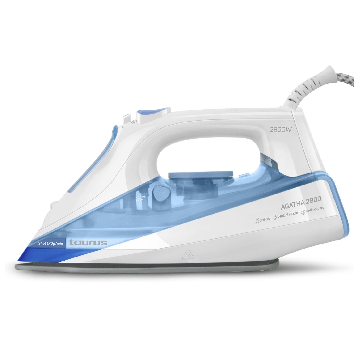 Taurus - Plancha de vapor Agatha 2800W | Golpe de vapor 170g/min | Punta de precisión | Regulador de temperatura | Suela cerámica | Auto limpieza | Doble sistema antical | Azul