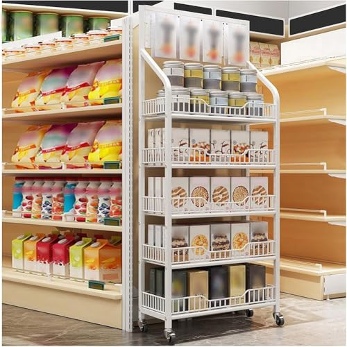 MegLob Espositore Per Snack A 5 Ripiani Con Ruote, Espositore Per Dolciumi, Carrello Espositivo Indipendente in Filo Metallico, Espositore Verticale Per Snack in Metallo Con Ruote,Bianca