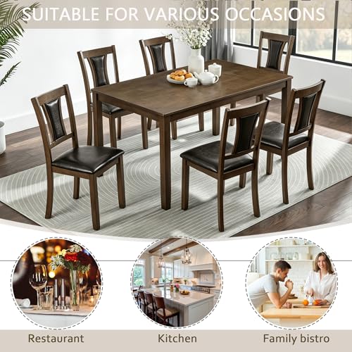 Image of KEIKI 7-Piece Standard Height Dining Table Set with Rectangular Table, 6 Upholstered Chair, for 6 Person, Farmhouse Rustic Style Table Set, Easy Assembly, for Kitchen, Dining Room, Walnut