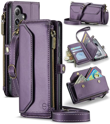 Strapurs Crossbody for Samsung Galaxy S24 Case Wallet?RFID Blocking? with 7-Card Holder Zipper Bills Slot, Soft PU Leather Magnetic Wrist Shoulder Strap for Galaxy S24 5G Wallet Case for Women,Purple