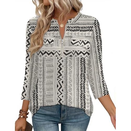 LOMON 3/4 Length Sleeve Womens Tops Business Casual Zip Front V Neck Shirt Loose Fit Work Tunic Blouse Geometric Print Large