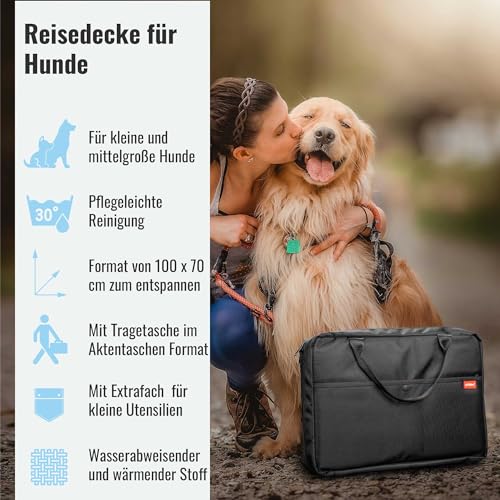achilles Reisedecke für Hunde, Hundedecke mit weichem Lammfell-Imitat, Hundematte für Reise, Faltbare Liegedecke für unterwegs, Hundebett mit Tasche, waschbar, Schwarz, 100x70cm