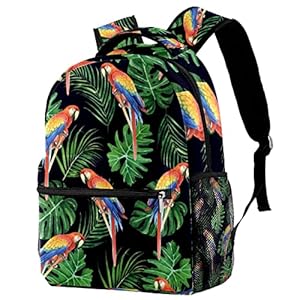 Schwarz-gr&uuml;ner Freizeit Rucksack mit Tropen Papageien, Roter Ara | Geschenk-Rucks&auml;cke