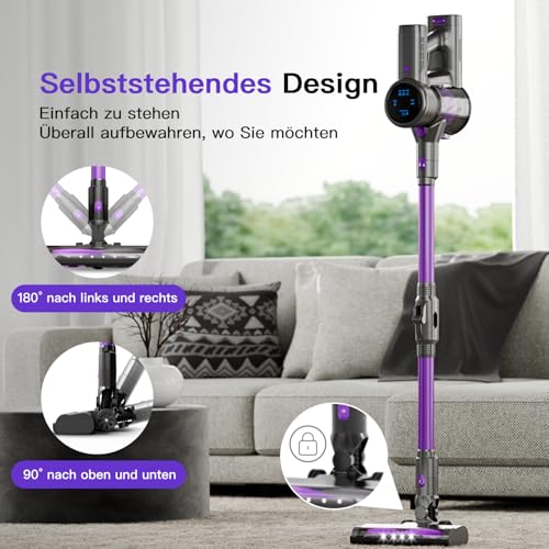 Akku Staubsauger, 28KPa Staubsauger Kabellos, Akkustaubsauger Selbstladender mit LED Display/Anti-Tangle-Bürste/wechselbarer Akku, Stabstaubsauger für Hartböden Teppiche Tierhaare (Lila) – Bild 5