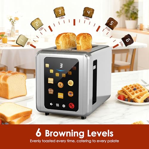 Image of WHALL Full Touch Screen Toaster 2 Slice, 1.5'' Wide Slot Stainless Steel Toaster with Digital Timer, 6 Bread Types & 6 Shade Settings, Crumb Tray, Reheat /Defrost, Smart Toasters for Bagels, Silver