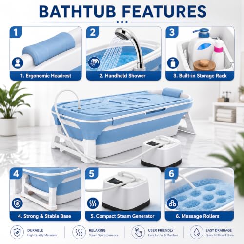 Image of HUKIMOYO Large bathtub for adults foldable bath tub for bathroom(132x 62x52cm) with Temperature Meter & Pillow Portable Bath Tub with Lid Adult Bathtub for Home Spa Hot &Cold Water (Suits upto 6ft)