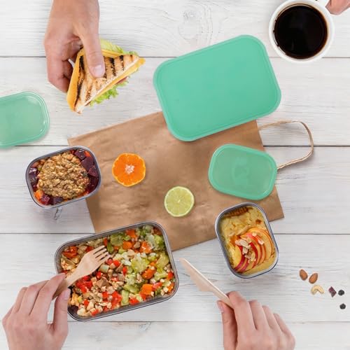Image of Tanjiae 3 CUP+1 CUP Stainless Steel Lunch Snack Containers Set | Leak Proof 304 Stainless Steel Food Containers with Silicone Lids - Perfect Metal Lunch Box for Home and Travel (25oz+8oz*2)