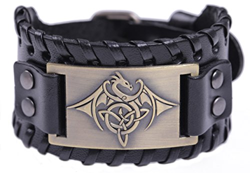 TEAMER Celtic Trinity Knot Triquetra Bracelet Wing Dragon Leather Bracelet Gift Jewelry for Men (Antique Bronze,Black)
