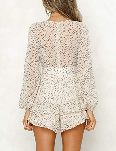 Relipop Women's Polka Dot Jumpsuits Deep V-Neck Long Sleeve Knot Front Ruffle Hem Rompers Beige