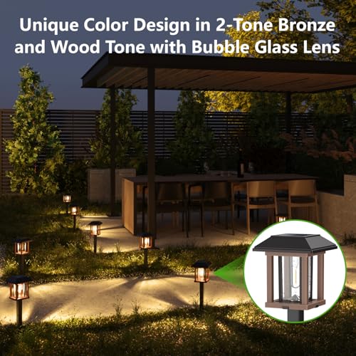 XMCOSY+ Solar Lights Outdoor, 25 LM LED Lights Garden Lights with Seed Glass Metal, 2-Tone Bronze & Wood Color, IP65 Waterproof Solar Powered for Yard Landscape Driveway Walkway (2 Pack, Warm White) - Thumbnail 3