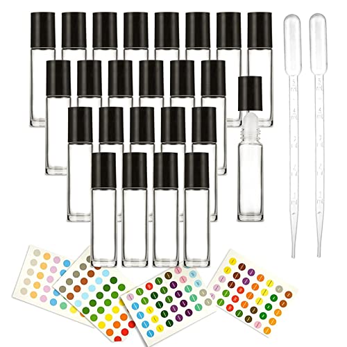 Essential Oil Roller Bottle – 24 Pack Glass Roll On Bottles, Oil Vials for Essential Oils and Perfume, Includes 2 Droppers and 140 Sticker Labels, 0.34 fl oz