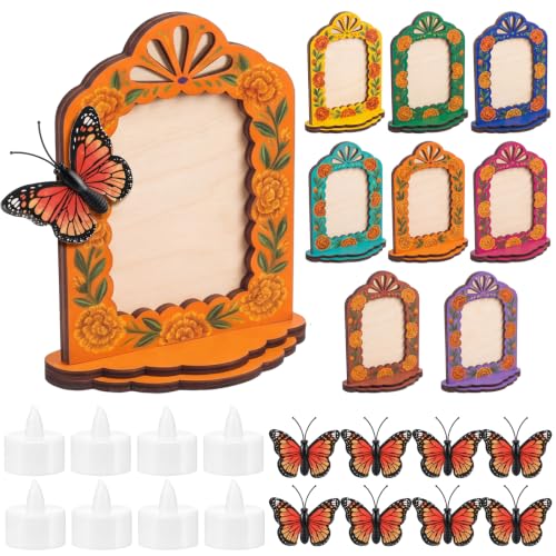 Bucherry 8 Set Dia De Los Muertos Picture Frames Decor Day of the Dead Decoration with LED Candle Artificial Monarch Butterfly Dia De Los Muertos for Halloween Diwali Decor