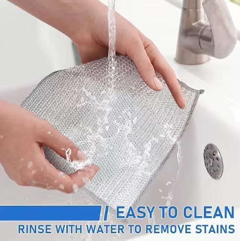 Image of Double Layer Metal Wire Dishcloths, Non-Scratch Steel Scrubber Cleaning Rags, Silver (12)