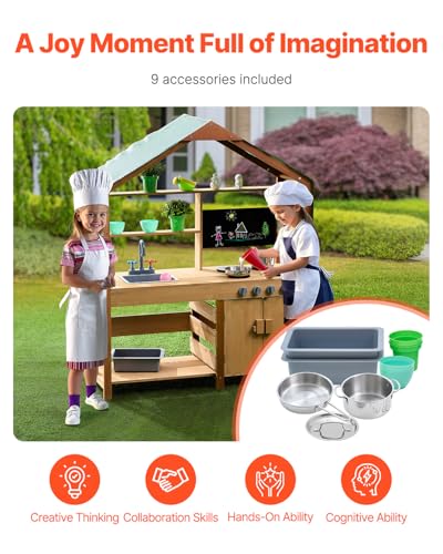 Image of VEVOR Mud Kitchen for Kids Outdoor, Wooden Mud Kitchen Set with Canopy, Mud Kitchen for Kids Outdoor Backyard with Stoves, Planter Boxes, 2 Sink, Faucet, Blackboard, Cookware Pot