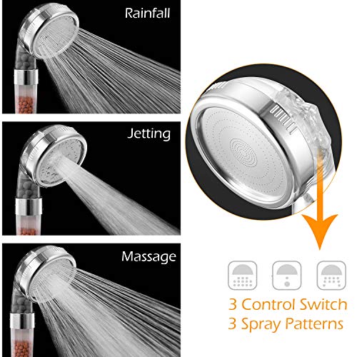 Filtered Shower Head With Mineral Stone Beads Filter, 3 Settings Handheld Spray Ecowater Spa Shower, High Pressure Water Saving Showerhead With Hose, Bracket And Pp Cotton Filter Replacement #TOP1