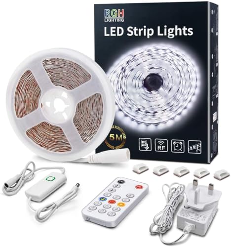 LED Strip Lights White, 5m Dimmable LED Light Strip with RF Remote, 300 Bright 6000K 2835 LEDs, Plug-in Adhesive Rope Lights with Timing Mode for Living Room Bedroom Kitchen Cabinet Mirror Decor