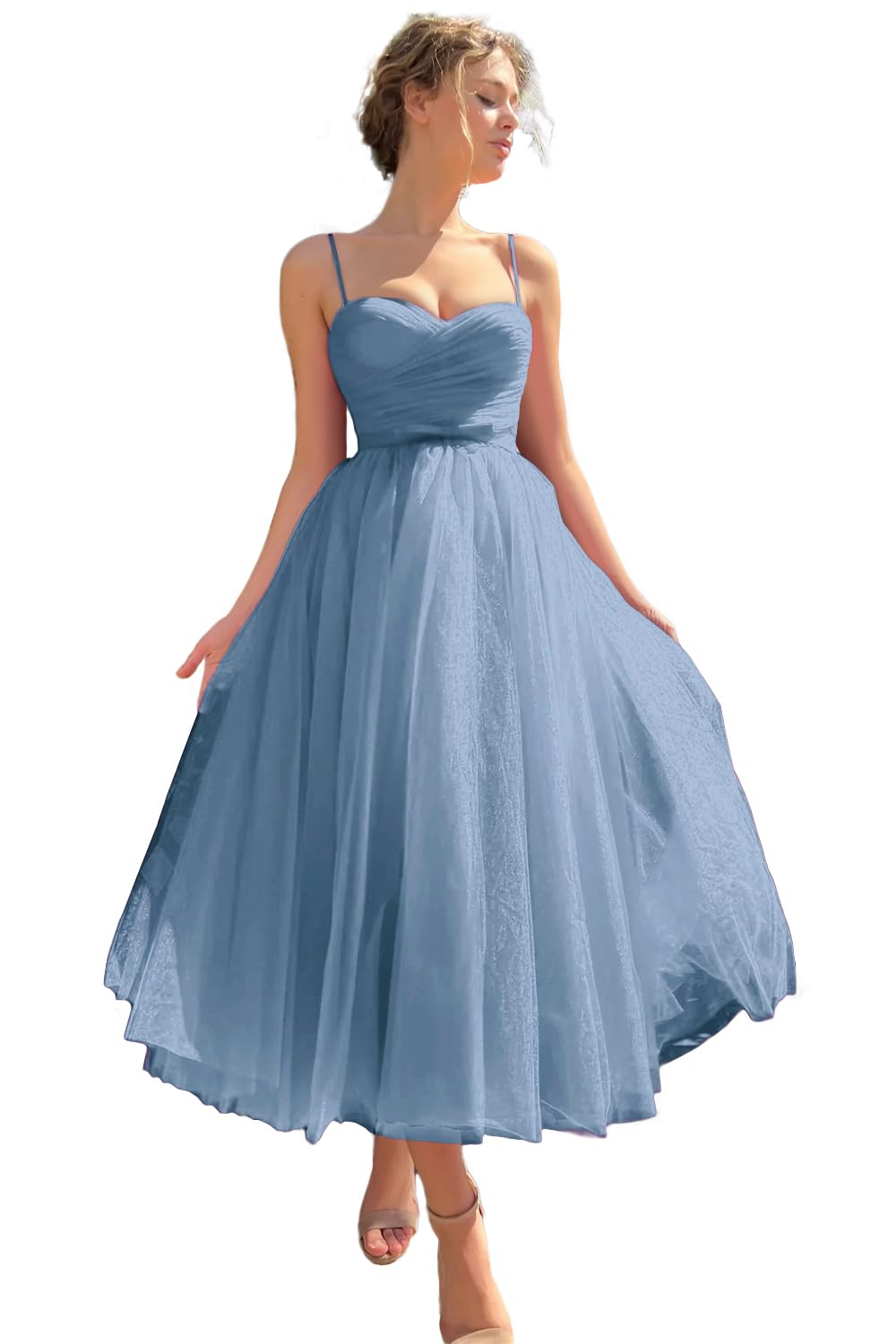 Sevintage Spaghetti Straps Tulle Prom Dress Tea Length Formal Party Evening Dress with Pockets