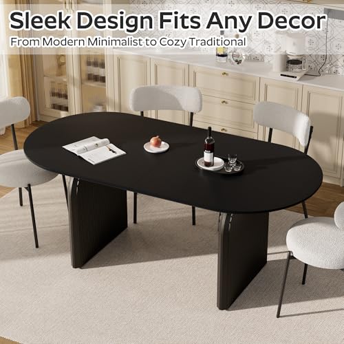 Image of 70-Inch Oval Dining Table Set with 6 Wood Dining Chairs, 7-Piece Dining Table Set with Chenille Chairs - Modern MDF Table (300lbs Capacity) & Comfortable Upholstered Seats for Home Dining