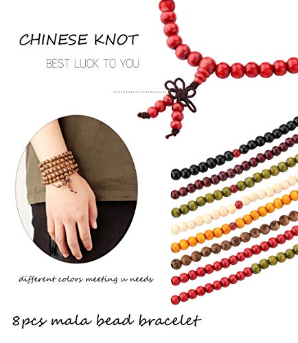 LOYALLOOK 8Pcs 108 Mala Bead Bracelets 8MM Tibetan Buddha Wood Beaded Sandalwood Link Wrist Necklace Chain Bracelets Multilayer Buddhist Prayer Strand Bracelet Meditation Necklace Elastic Chinese Knot3