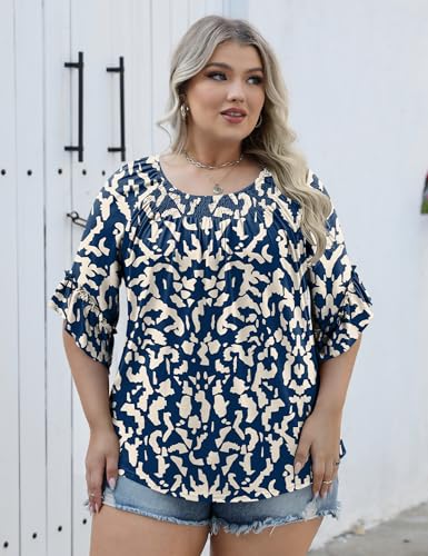Image of Micoson Womens Plus Size Tops 3 /4 Ruffle Sleeve Crewneck Pleated Shirts